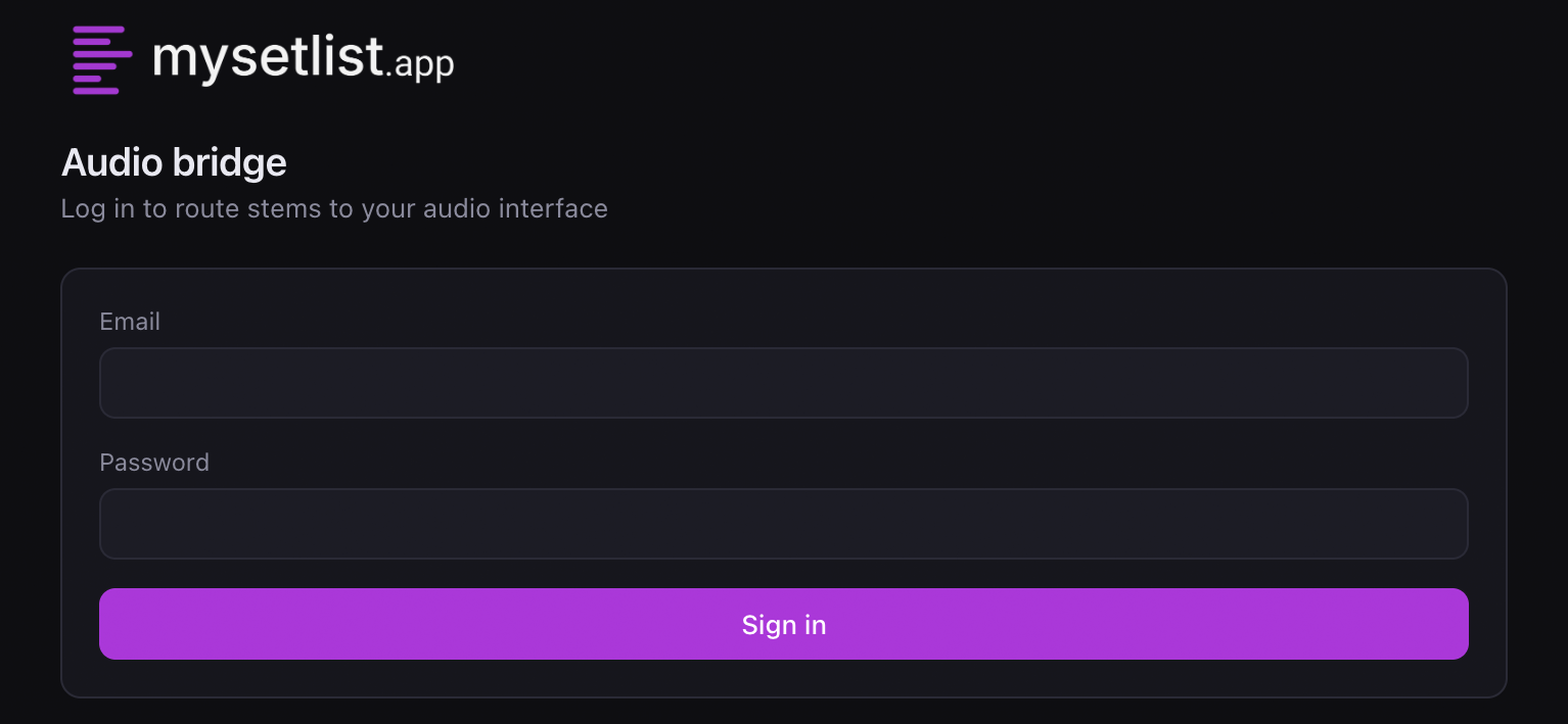 The Audio Bridge sign-in screen, with email and password fields
