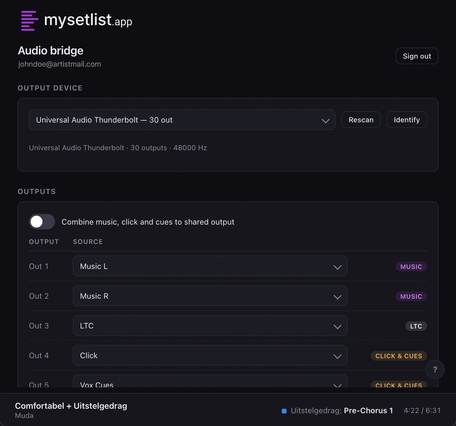 The MySetlist Audio Bridge, showing the selected output device and the list of output patches