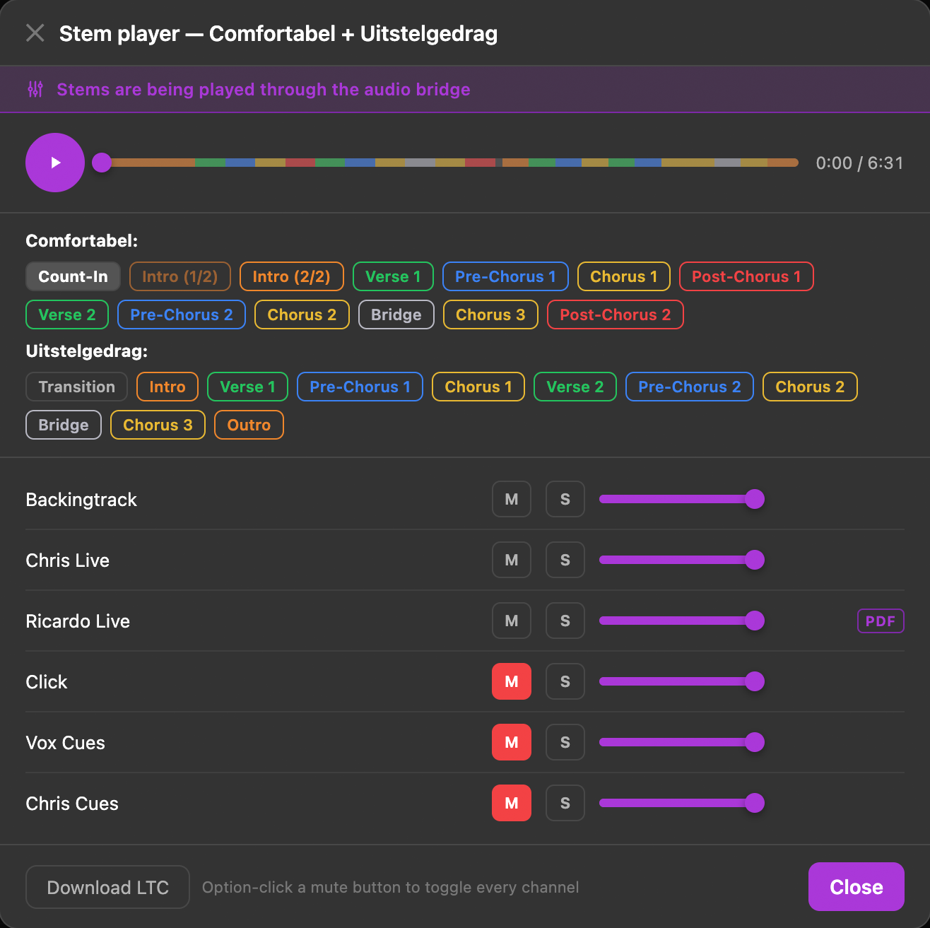 The MySetlist stem player showing the banner: stems are being played through the audio bridge