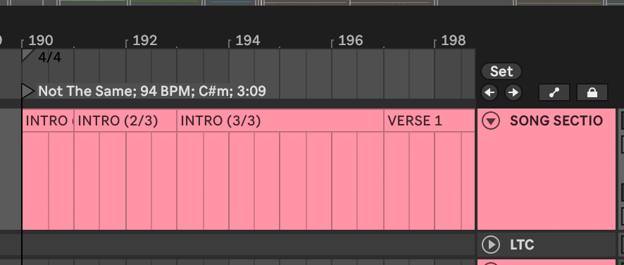 Named MIDI clips forming song sections on the timeline, with a locator naming the song