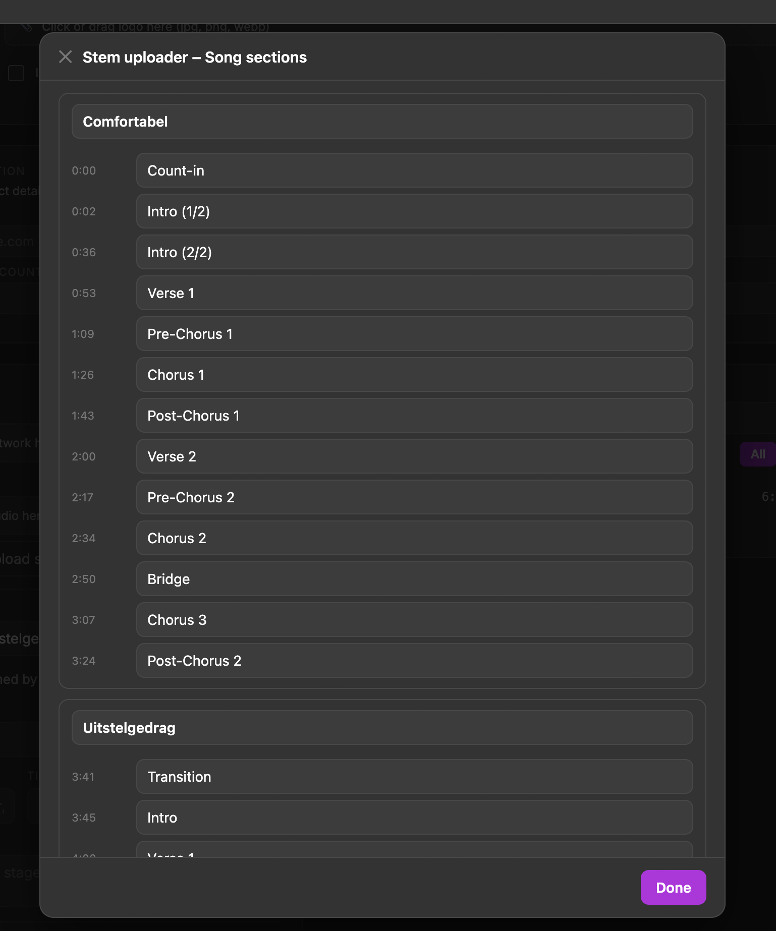 The song sections panel of the MySetlist stem uploader, listing songs and their sections with timestamps